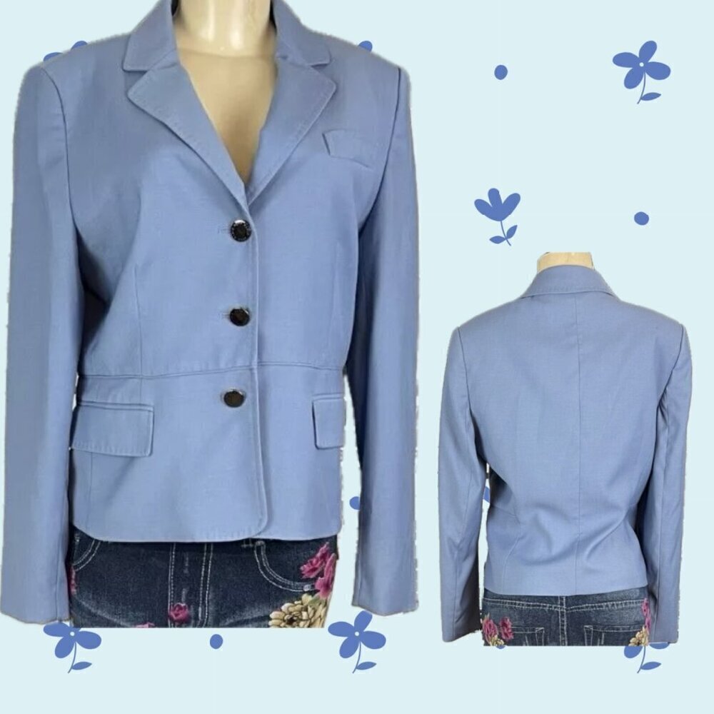 Anne Klein 10 Blue Button Logo Down Lined Collar Pockets Long Sleeve Suit Jacket